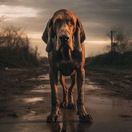 Weimaraner dog standing in a puddle at sunset.の素材