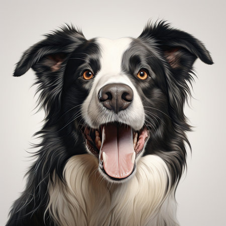 Funny portrait of border collie dog in front of a grey backgroundの素材