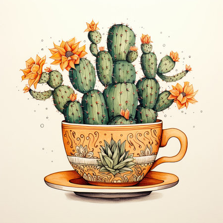 Cactus in a cup. Hand drawn vector illustration. Vintage style.の素材