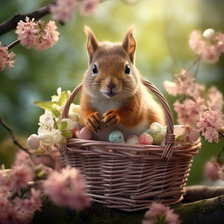 Easter egg hunt with cute red squirrel in wicker basket and pink cherry blossom flowersの素材