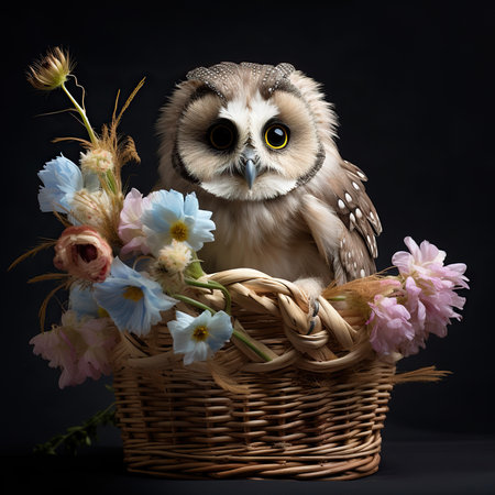 Owl in a wicker basket with flowers on a black backgroundの素材