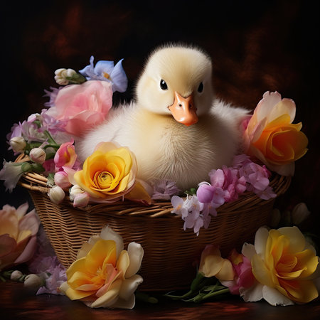 Duckling in a basket with flowers on a dark background.の素材