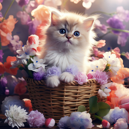 Cute little kitten in a basket with flowers. Vintage style.の素材