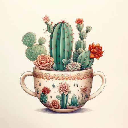 Cactus in a cup. Watercolor illustration. Hand drawn.の素材