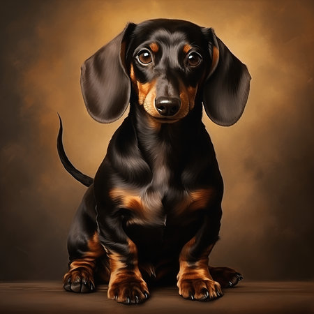 Portrait of dachshund puppy sitting on brown background.の素材