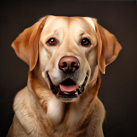 Portrait of a labrador retriever dog on a dark backgroundの素材
