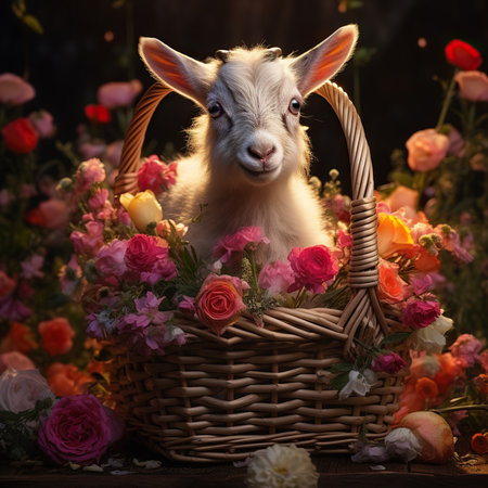 Cute little goat in a basket with flowers on a dark backgroundの素材