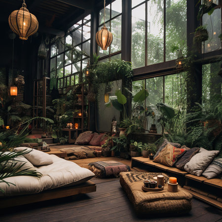Interior of a living room in a loft style with plants, furniture and coffeeの素材