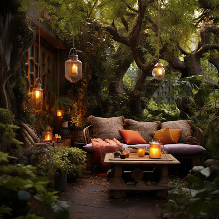 3d rendering of a cozy terrace in the garden at eveningの素材
