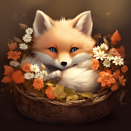 Cute fox in a basket with flowers. Vector illustration for your designの素材