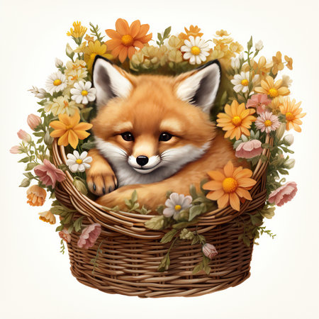 Cute fox in a basket full of flowers. Vector illustration.の素材