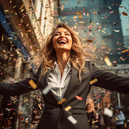 Cheerful young businesswoman celebrating success with confetti in the cityの素材