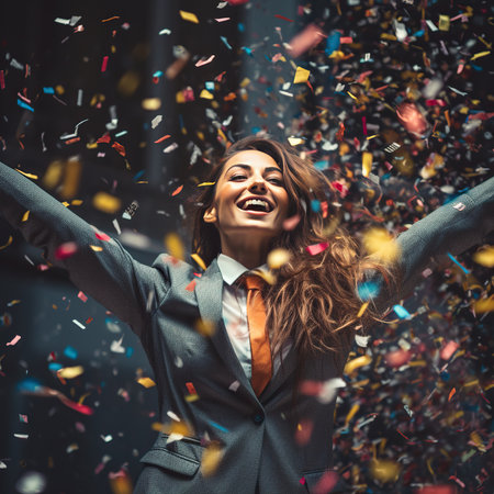 Beautiful young business woman celebrating success with confetti in the cityの素材