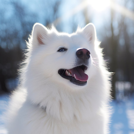 Portrait of a Samoyed dog on a background of the winter forestの素材