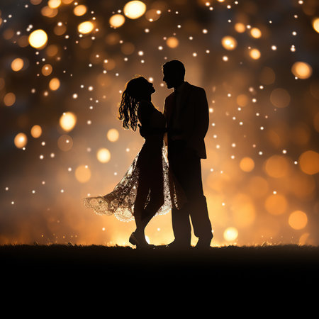 Silhouette of a loving couple dancing on a bokeh backgroundの素材