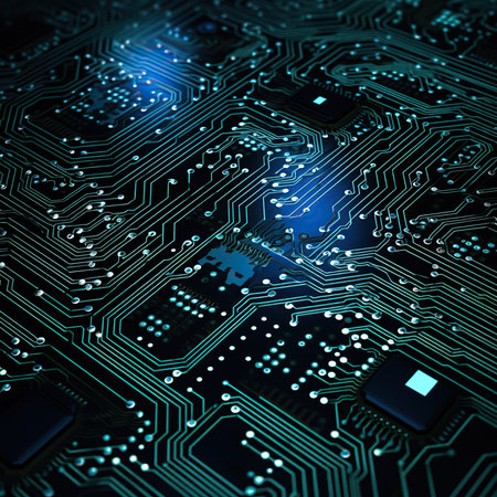 Close up of electronic circuit board. Technology background. 3D renderingの素材