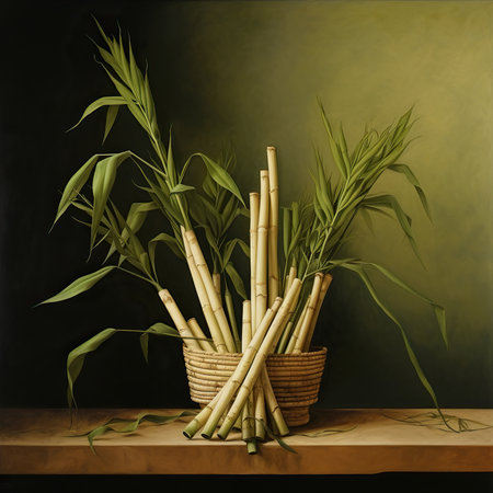 Bamboo in a basket on a wooden table with a green backgroundの素材