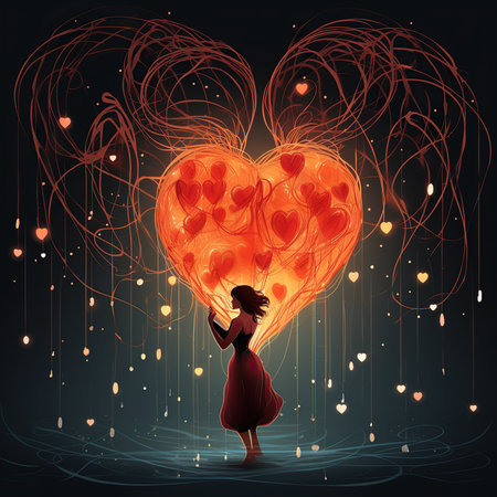 Vector illustration of a girl in a red dress and a heart.の素材