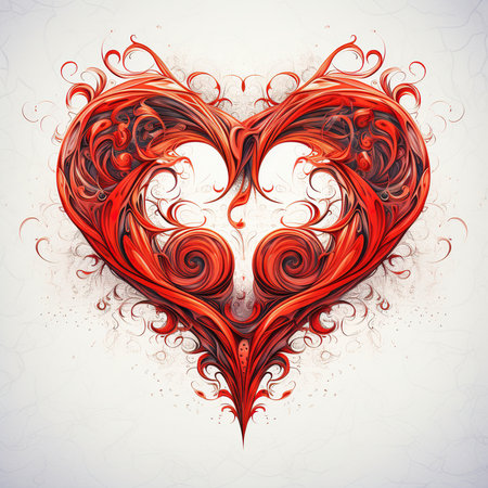 Abstract heart with red ornament on white background. 3D illustration.の素材