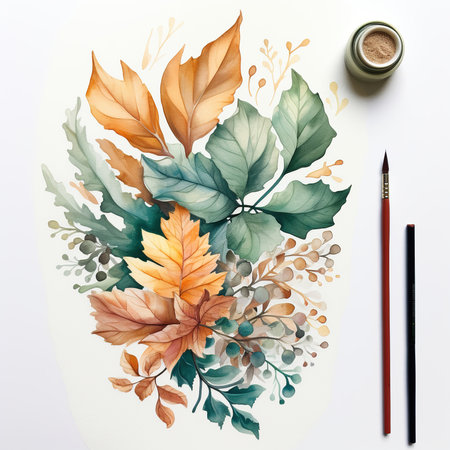 Autumn leaves and paintbrushes isolated on white background. Hand drawn watercolor illustrationの素材
