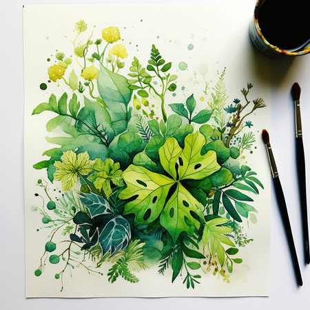 Watercolor painting of tropical leaves and flowers. Hand drawn illustration.の素材