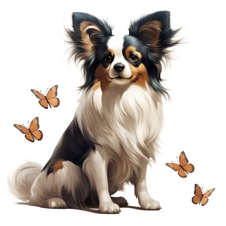 Portrait of a Papillon dog with butterflies. Vector illustration.の素材