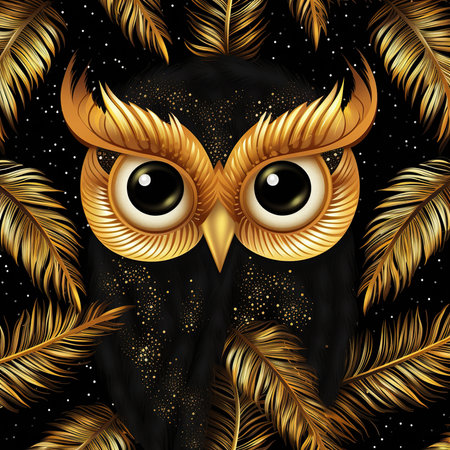 Owl with golden feathers on a black background. Vector illustration.の素材