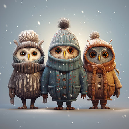 Three cute owls in warm winter clothes on a gray background.の素材