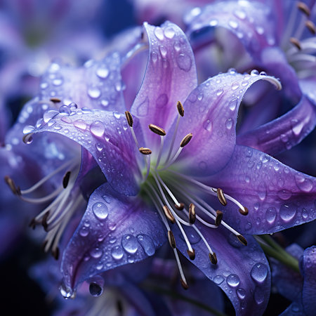 Beautiful purple lily flower with water drops close-up.の素材