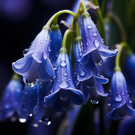 Bluebells with water drops on a black background. Shallow depth of fieldの素材
