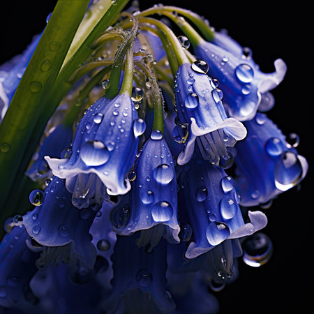 Bluebells with water drops on black background. Close-up.の素材