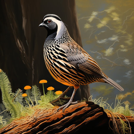 illustration of a quail on a tree trunk in the forestの素材