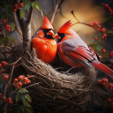 Male and female Northern Cardinal (cardinalis cardinalis) in the nestの素材