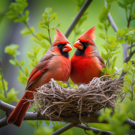 Male cardinal and female cardinal in a nest on a tree branch.の素材