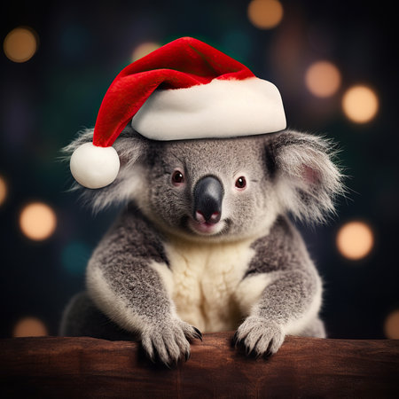 Cute koala in Santa Claus hat on bokeh backgroundの素材