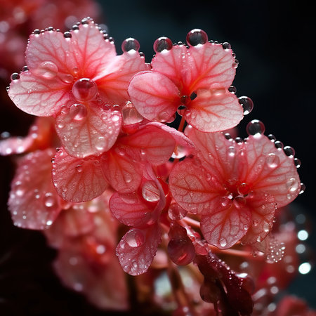 Red begonia flowers with dew drops on a dark background.の素材