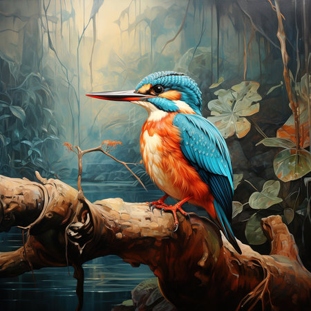 Kingfisher bird sitting on a branch in the forest. Digital painting.の素材