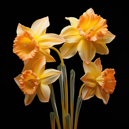 Bouquet of daffodils on a black background.の素材