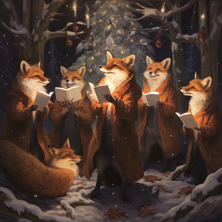 Group of foxes reading a book in winter forest. Digital painting.の素材