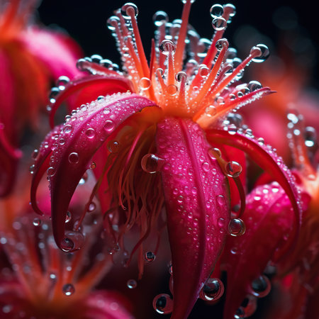 Beautiful red flower with dew drops on a black background.の素材