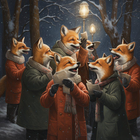 Group of foxes in winter forest at night, 3d illustrationの素材