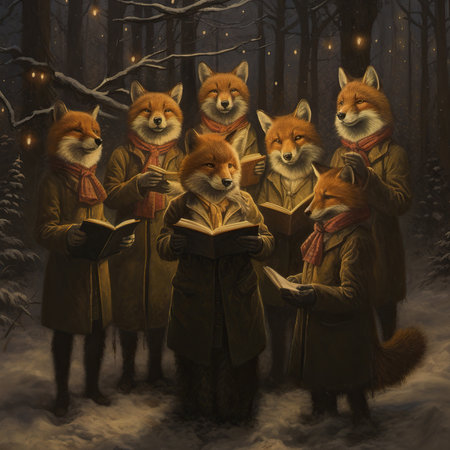Group of foxes in winter forest reading a book. Digital painting.の素材