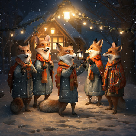 Three foxes in warm clothes in the village at winter night.の素材