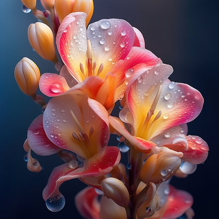 Close up of beautiful freesia flowers with dew drops.の素材