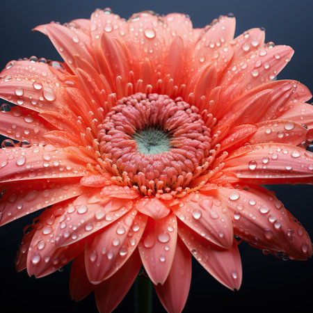 Beautiful pink gerbera flower with water drops on black backgroundの素材
