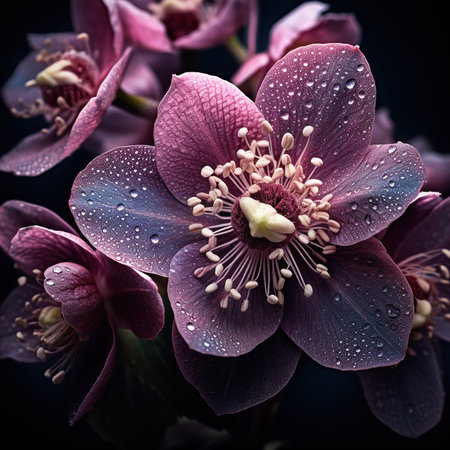 Beautiful hellebore flowers with water drops on black backgroundの素材