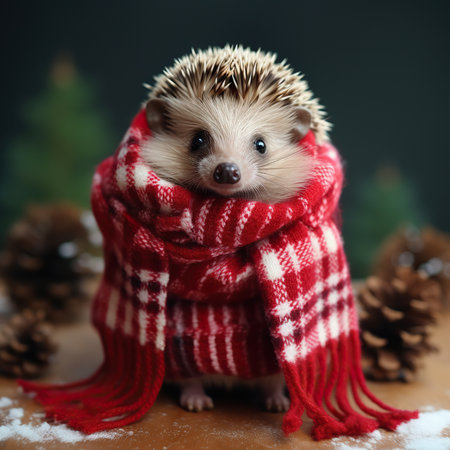 Hedgehog in a red scarf on a dark background. Christmas card.の素材