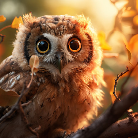 Owl in the autumn forest. Beautiful owl sitting on a tree branch.の素材