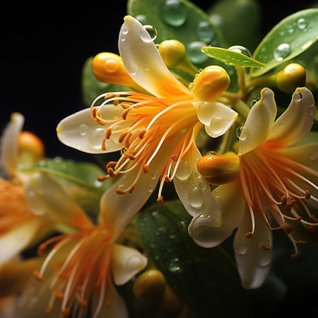 Macro shot of beautiful yellow honeysuckle flowers with water dropsの素材