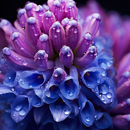 Beautiful blue hyacinth with dew drops close-upの素材